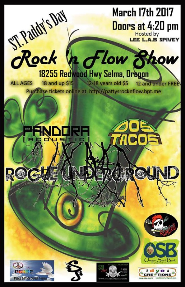 3/17/2017: St. Paddy’s Day Rock ‘N Flow Show w/Pandora Acoustic, Dos Tacos & The Rogue Underground @ The Selma Community Center